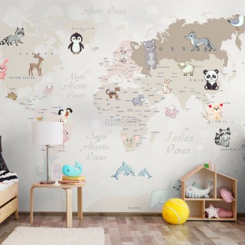 پوستر دیواری کودک نقشه جهان و حیوانات مدل BKW277-1