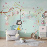 پوستر دیواری کودک دخترک روی تاب با رنگ‌های صورتی و پاستلی