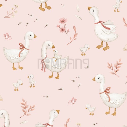 پترن آبرنگی غازها و جوجه‌غازها روی زمینه صورتی