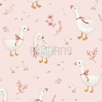 پترن آبرنگی غازها و جوجه‌غازها روی زمینه صورتی