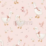 پترن آبرنگی غازها و جوجهغازها روی زمینه صورتی